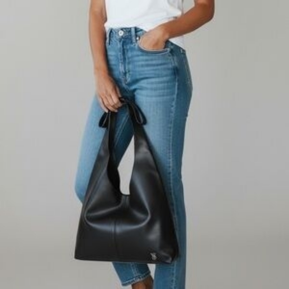 Victoria's Secret Bow Tote Bag. Black Vegan Leather. New w/Tags.